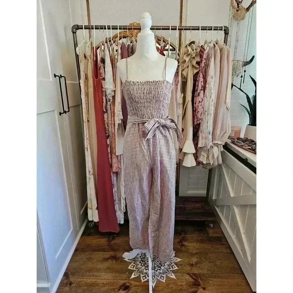 House of Harlow 1960 Women's XS Smocked Tan Gingham Capri Linen Jumpsuit
